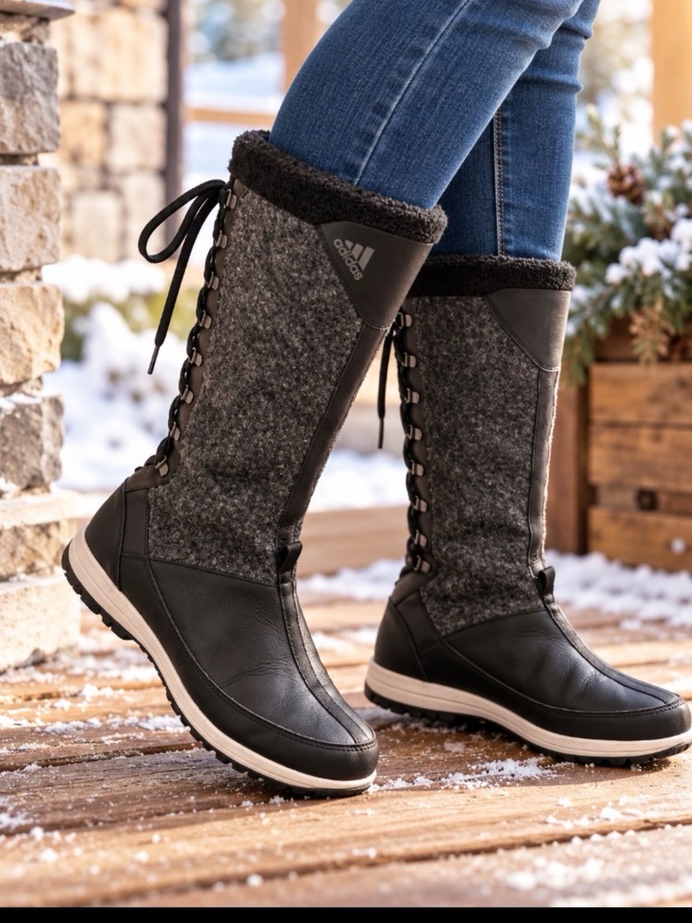 Adidas Women's Gray & Black Winter Lace-Up Tall Boots